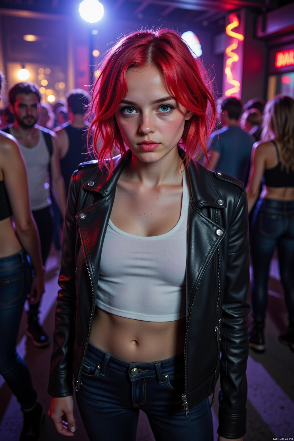 A woman with red hair stands in a crowded nightclub, wearing a black leather jacket and white top.