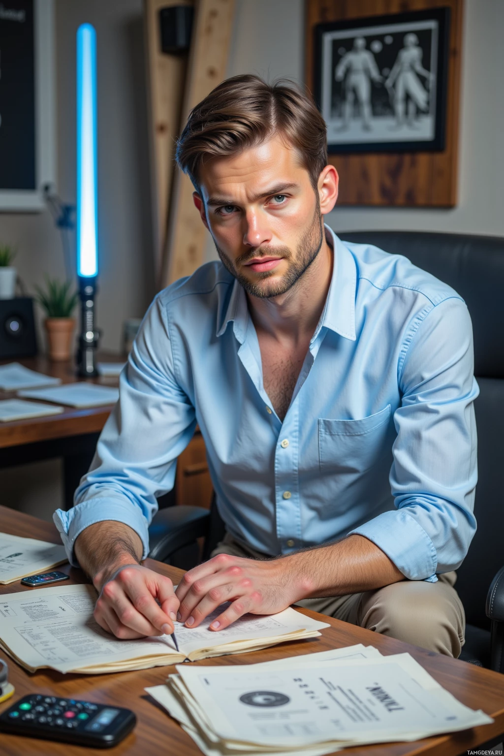 A man in a light blue shirt sits at a desk with papers and a calculator, looking directly at the camera.