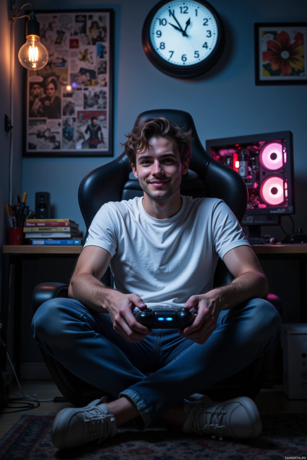 A person sits in a gaming chair holding a controller, in a dimly lit room with a clock and posters on the wall.