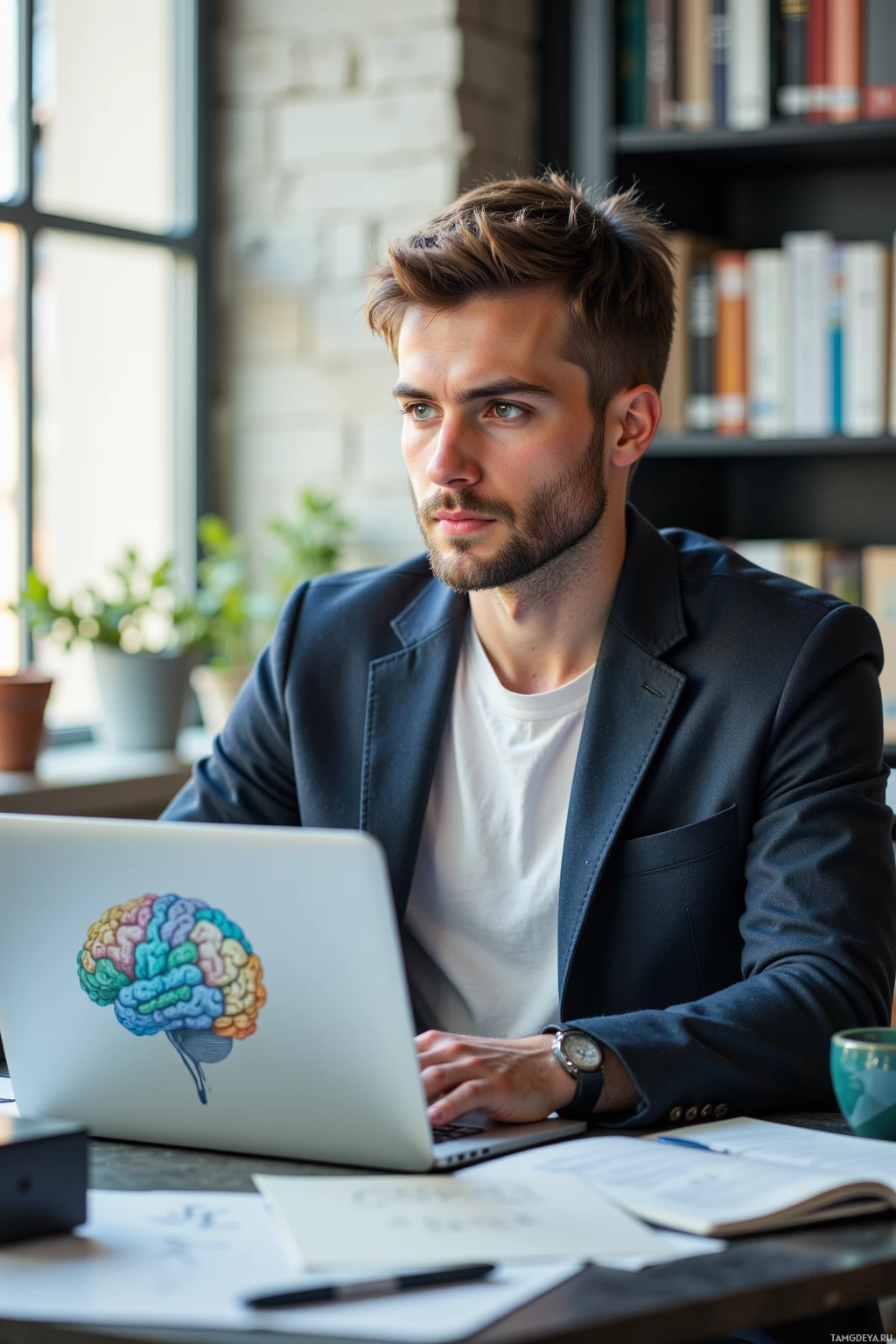 A man in a suit is working at a desk with a laptop and papers.