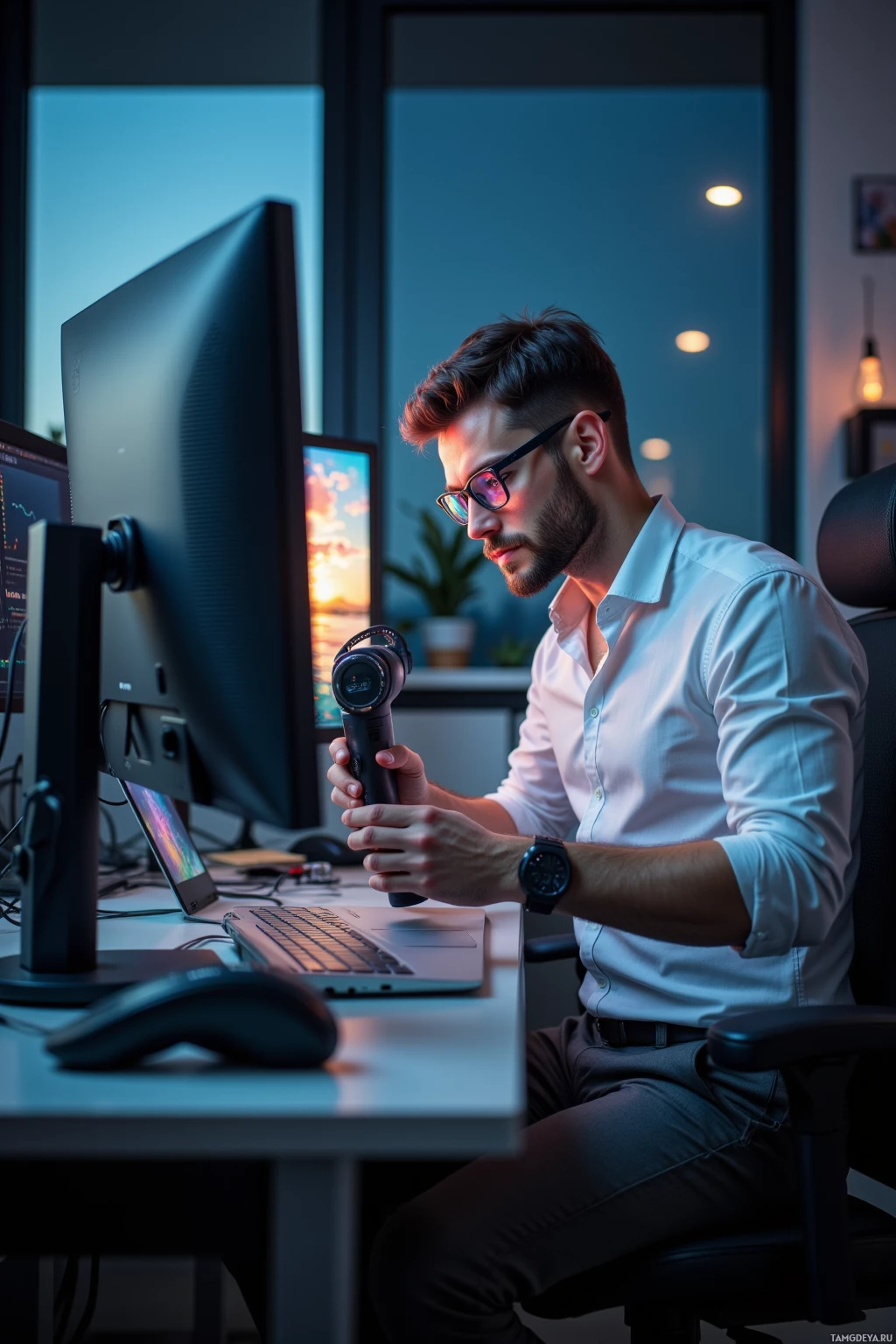 A man in a white shirt works at a desk with multiple monitors and a laptop, holding a microphone.