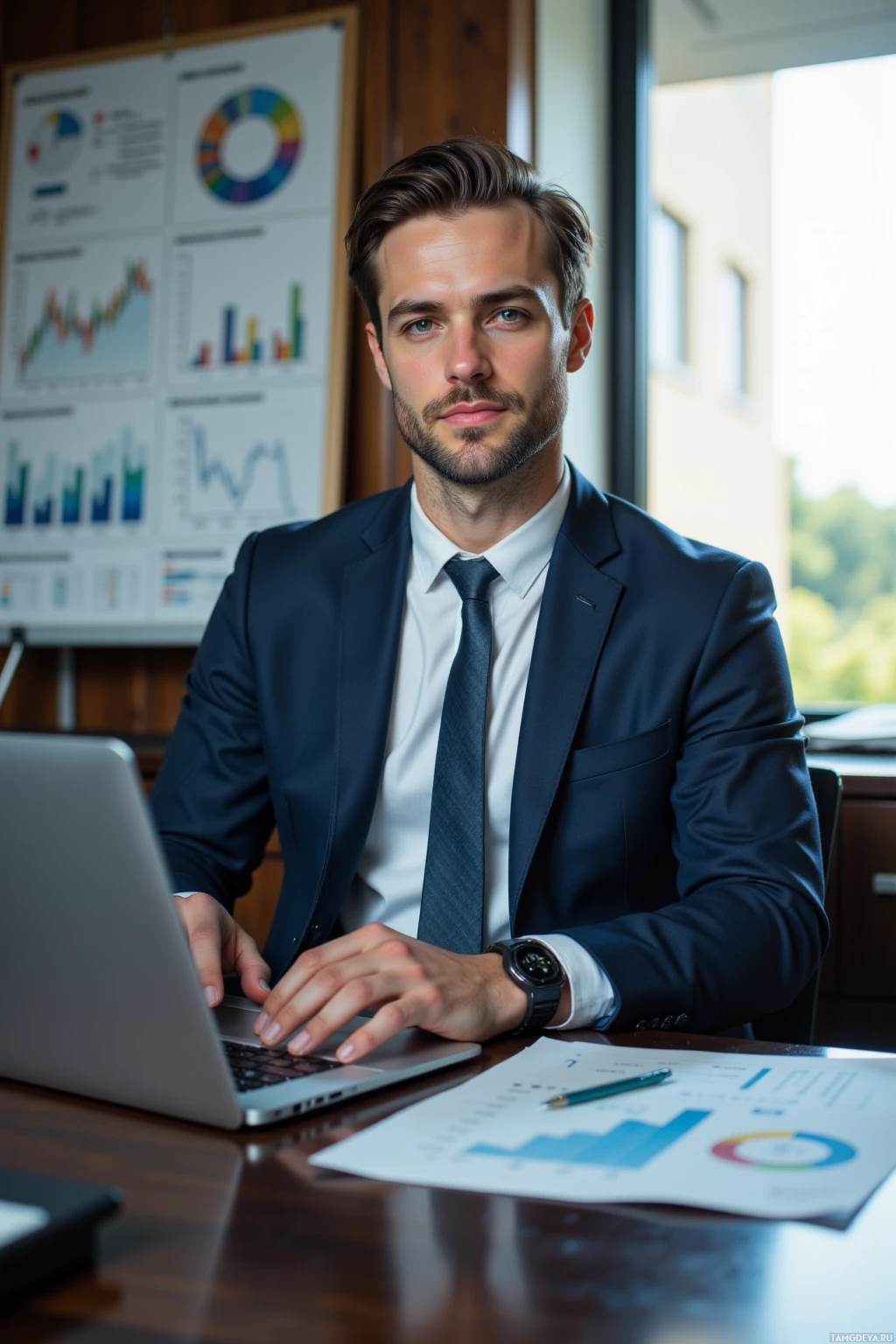 A professional man in a suit sits at a desk with a laptop and documents, surrounded by business charts.