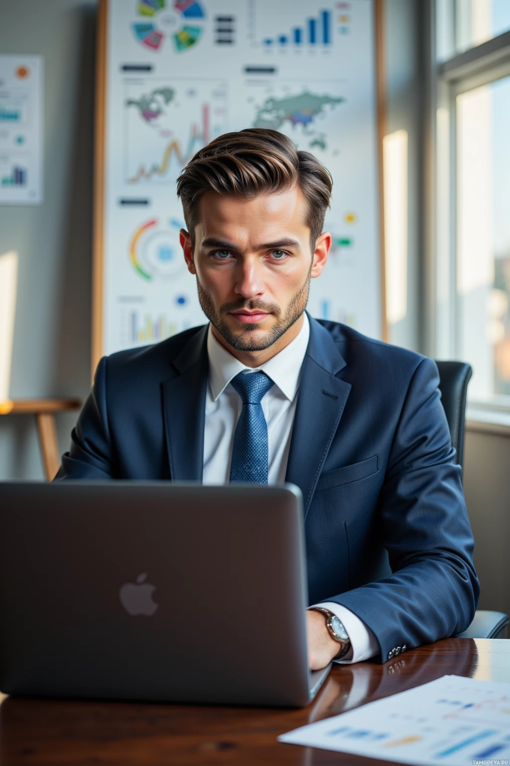 A man in a suit sits at a desk with a laptop, in front of a wall with charts and graphs.