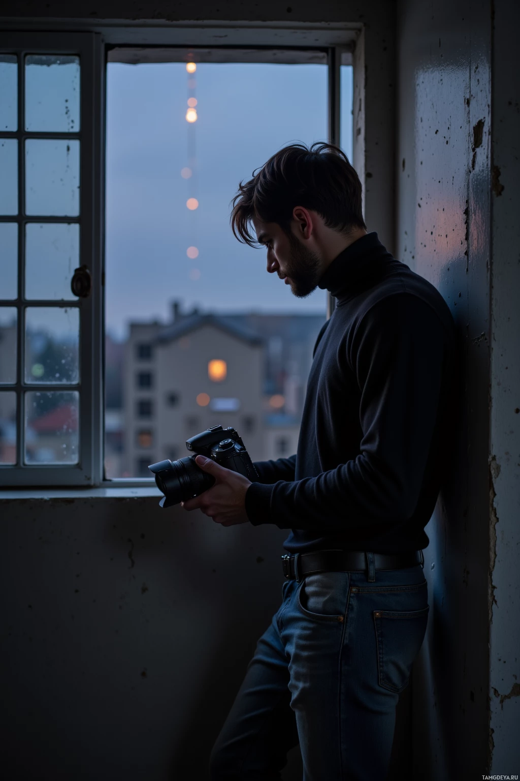 A person stands by a window, holding a camera, in a dimly lit room.