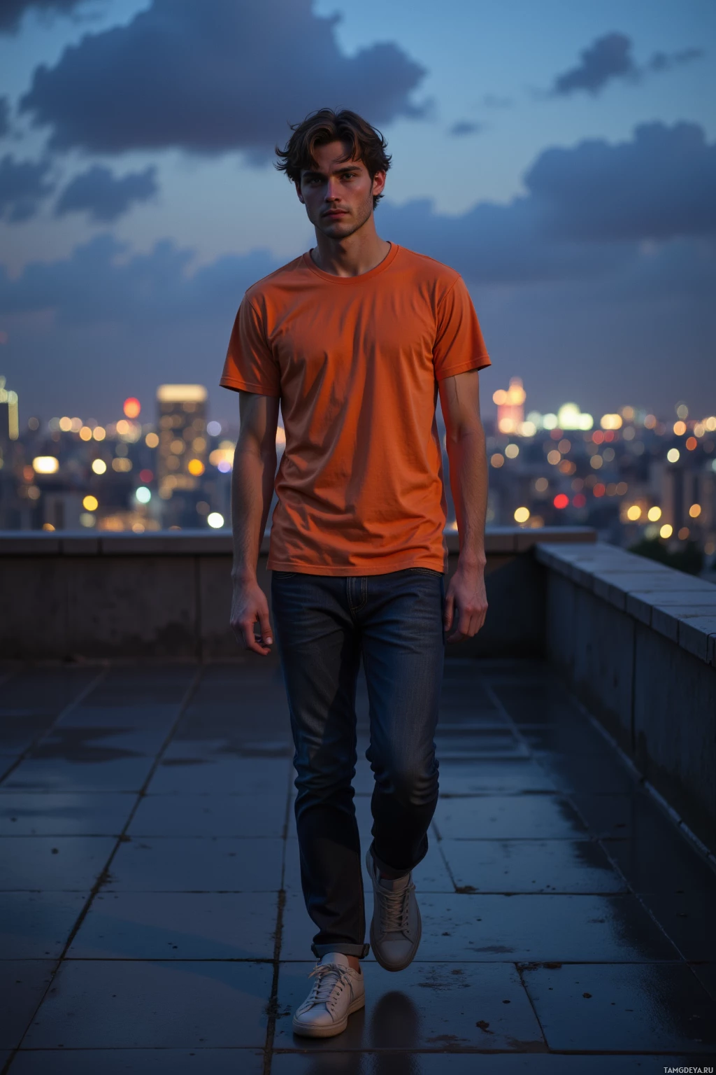 A person in an orange t-shirt and jeans stands on a rooftop at dusk, with a cityscape in the background.