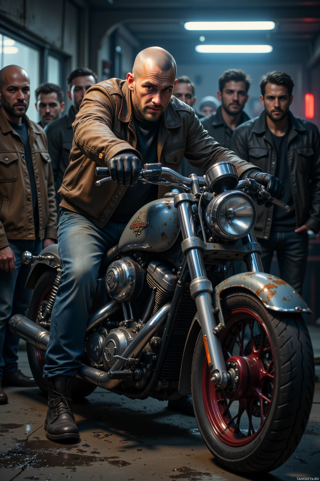 A man in a brown leather jacket rides a motorcycle in a dimly lit corridor, surrounded by other men.