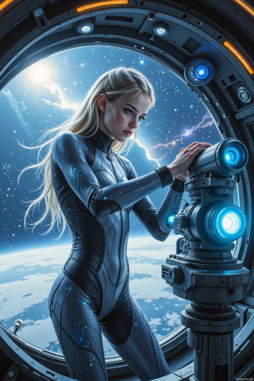 A woman in a futuristic suit stands at a control panel, gazing out of a circular window at a starry space scene.