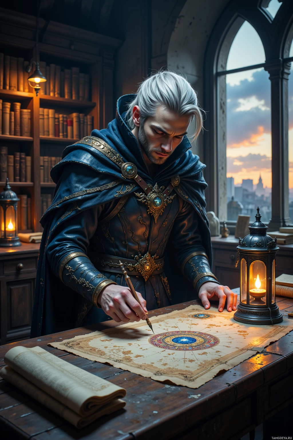 A man in a medieval-style robe is writing on a map in a dimly lit room with a lantern.