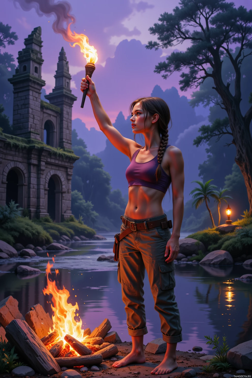 A woman stands by a river, holding a torch above a campfire, with a stone structure and trees in the background.