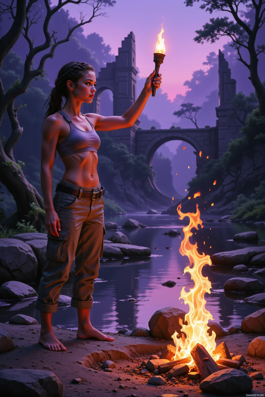 A woman stands by a river holding a torch, with a campfire and ruins in the background.