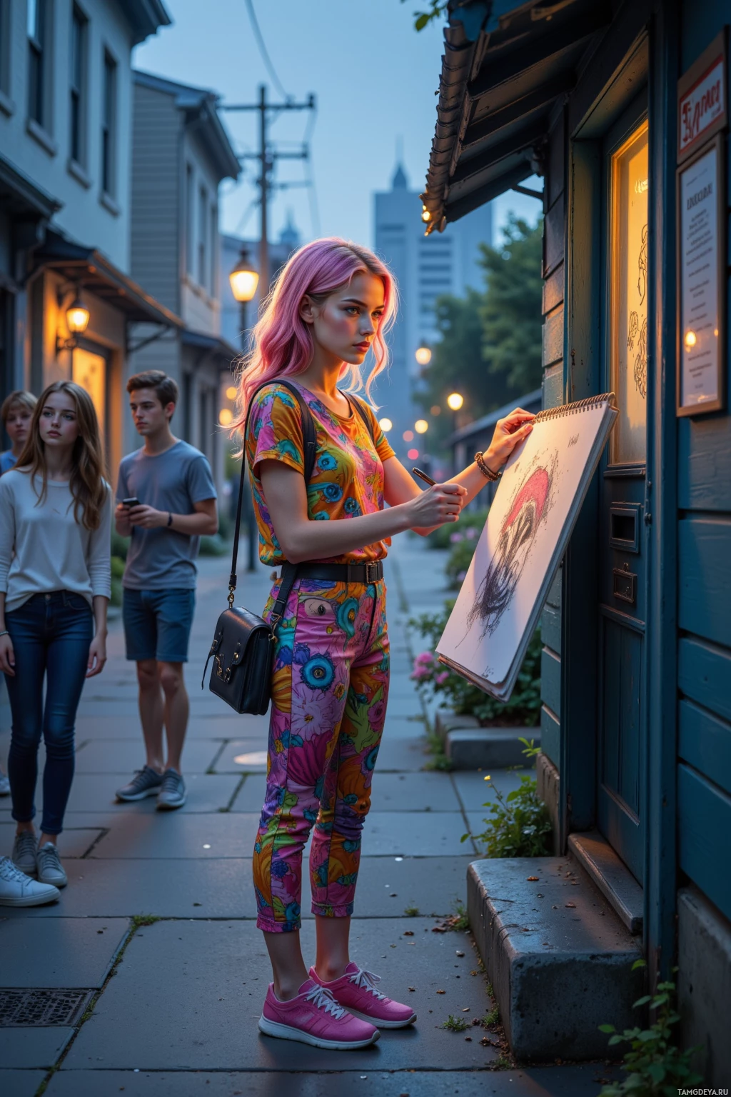 A young woman with pink hair stands on a sidewalk, sketching on a pad while two others walk by.