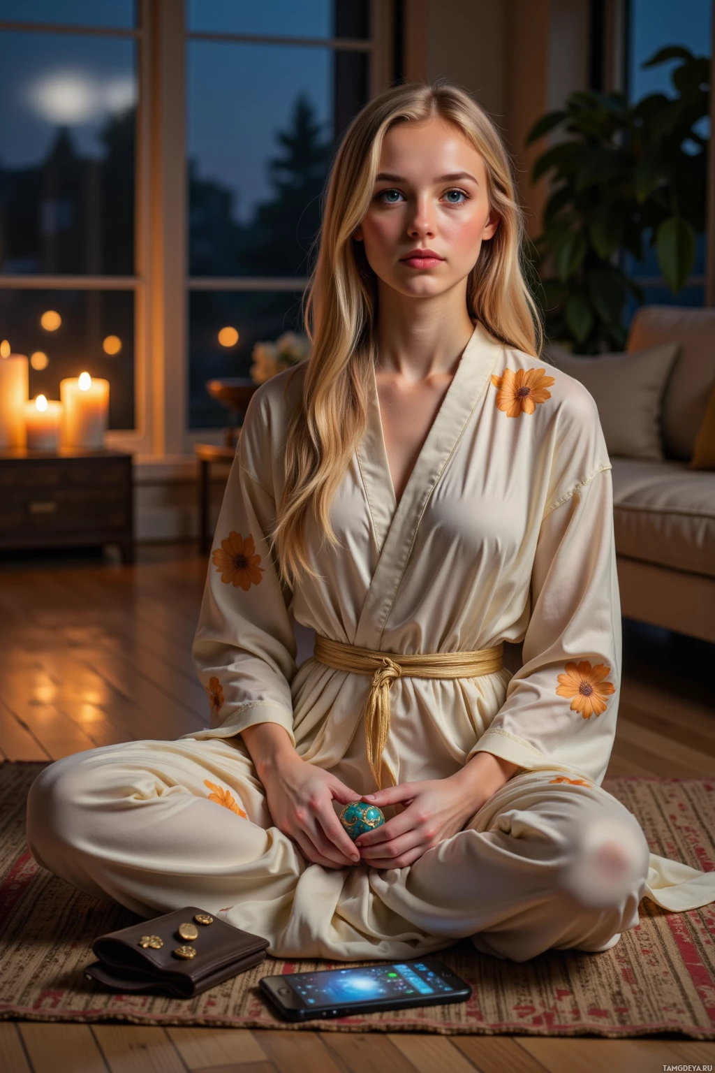 A woman in a beige robe with floral embroidery sits cross-legged on a rug, holding a small object, with a lit candle and a phone nearby.