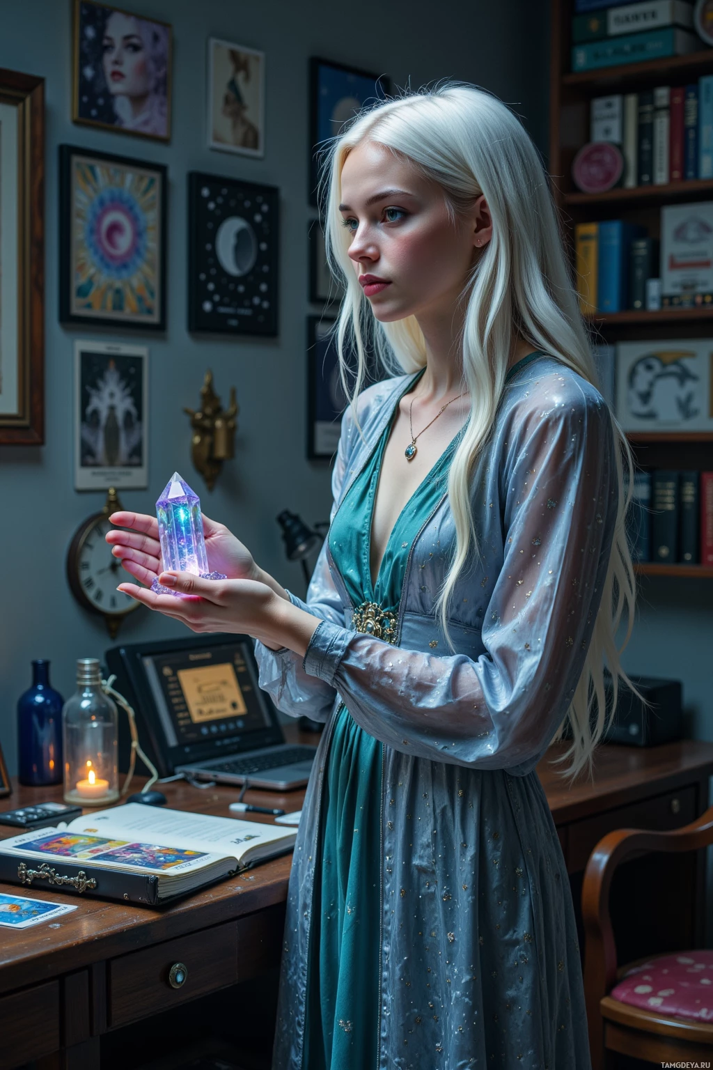 A woman in a blue dress holds a glowing crystal in a room with bookshelves and framed artwork.