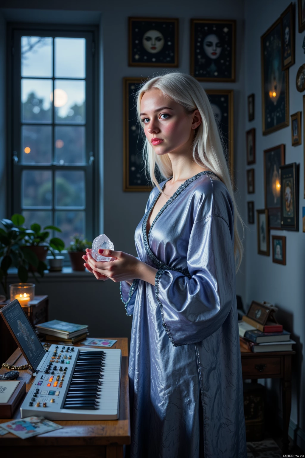 A person in a silky robe holds a crystal near a keyboard and laptop in a dimly lit room.