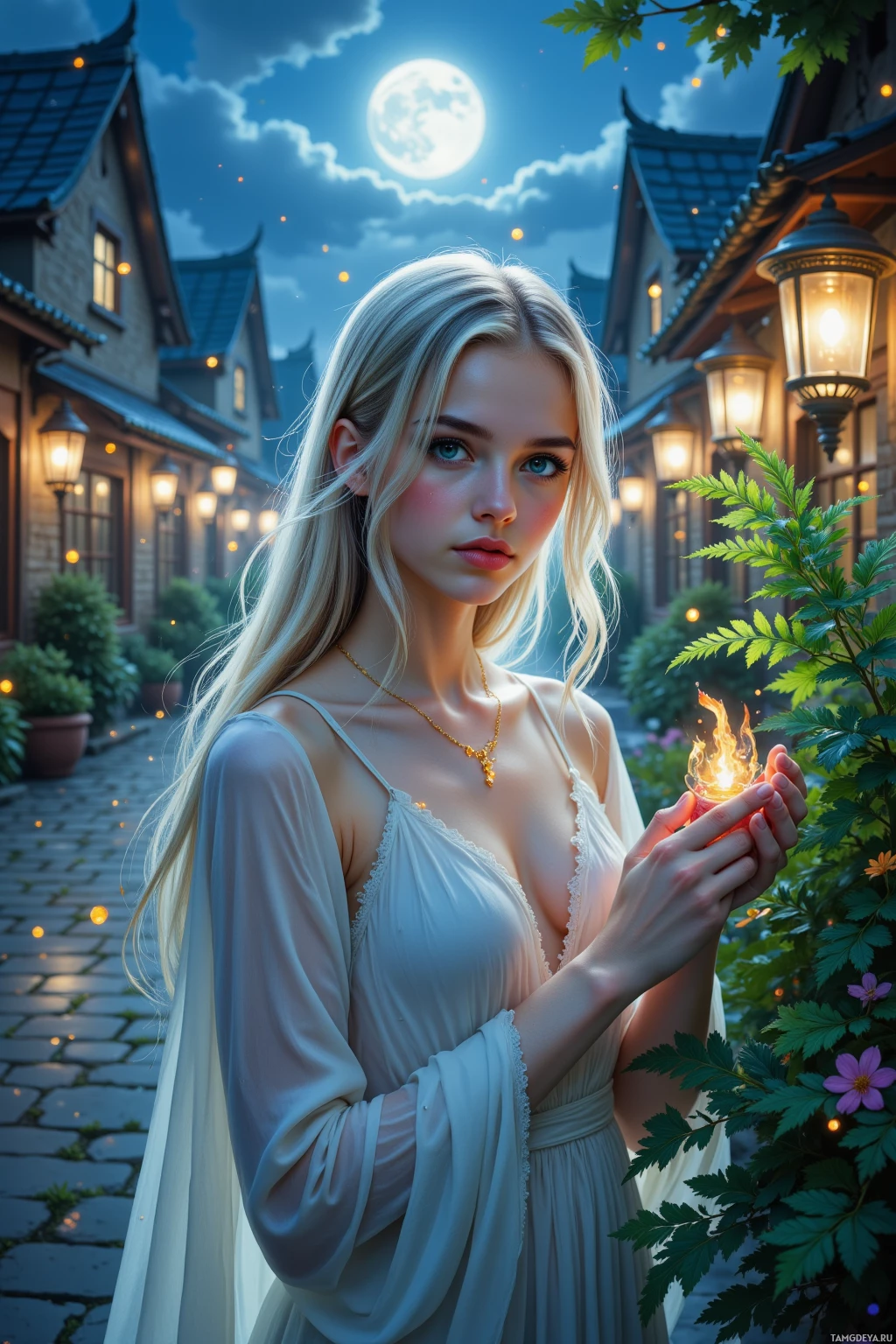 A woman in a white dress holds a glowing object in a moonlit alleyway.