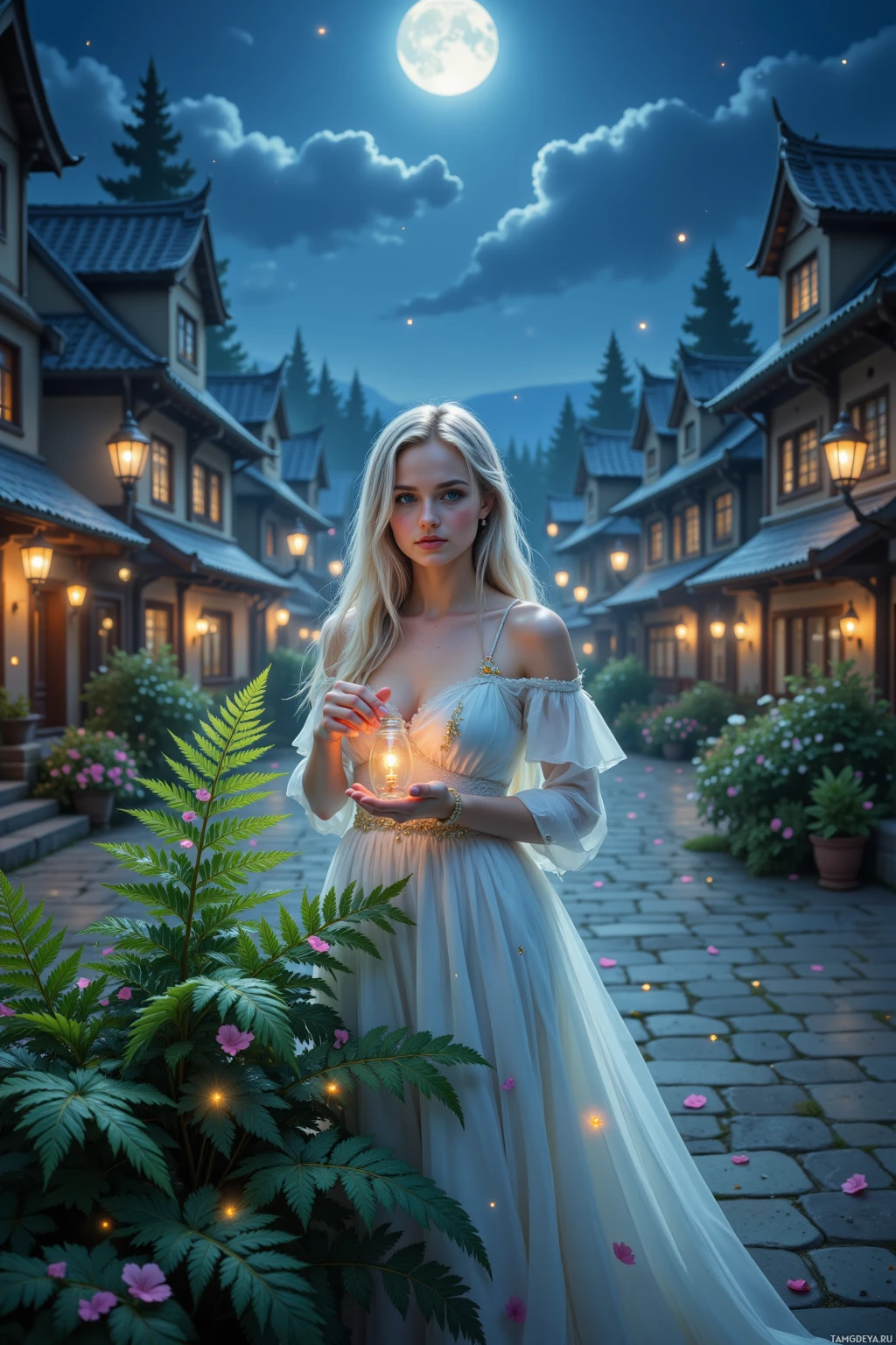 A woman in a white dress holds a glowing lantern in a quaint village under a full moon.