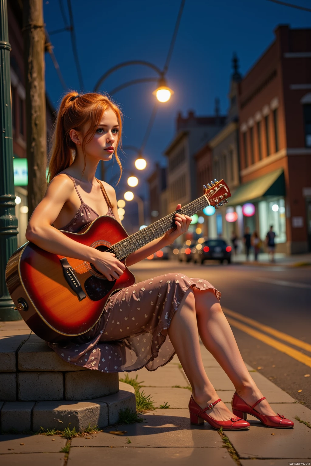 A young woman sits on a curb playing an acoustic guitar in a city street at dusk.