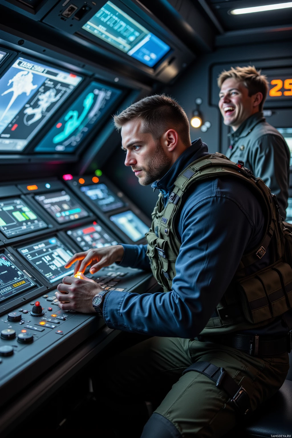 Two individuals in a high-tech control room with illuminated screens and advanced equipment.