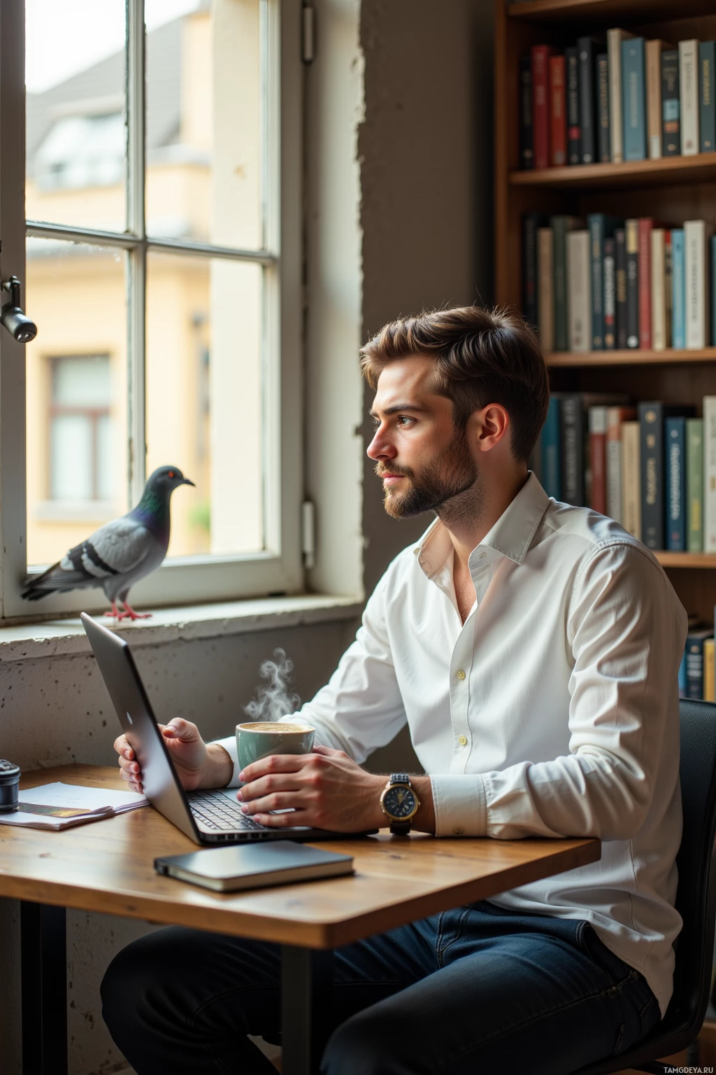 A man sits at a desk with a laptop and a steaming cup of coffee, looking out a window with a pigeon perched on the sill.