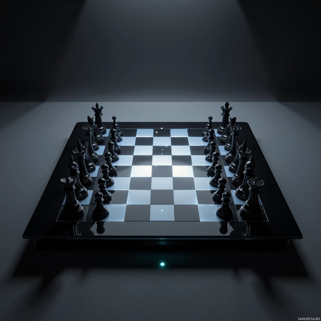 A chessboard with black pieces arranged on a dark surface under focused lighting.