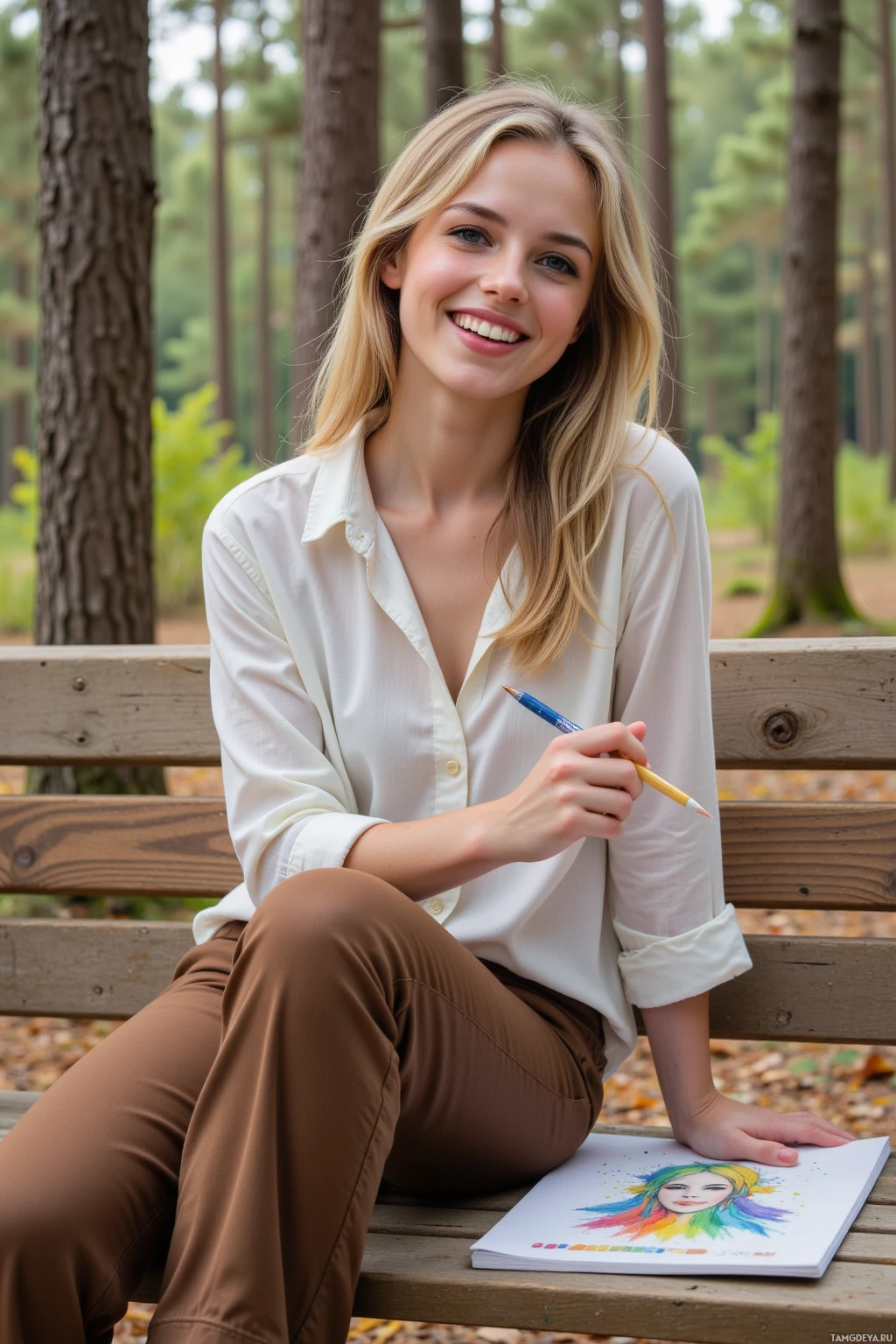 Realistic high quality photo. Female, 25, long blonde hair, bright blue eyes, creamy complexion, wearing a loose white shirt and lightweight brown pants, laughing while sketching a colorful portrait on the back of a wooden park bench in a pine forest with scattered leaves, afternoon light filtering through tall trees.