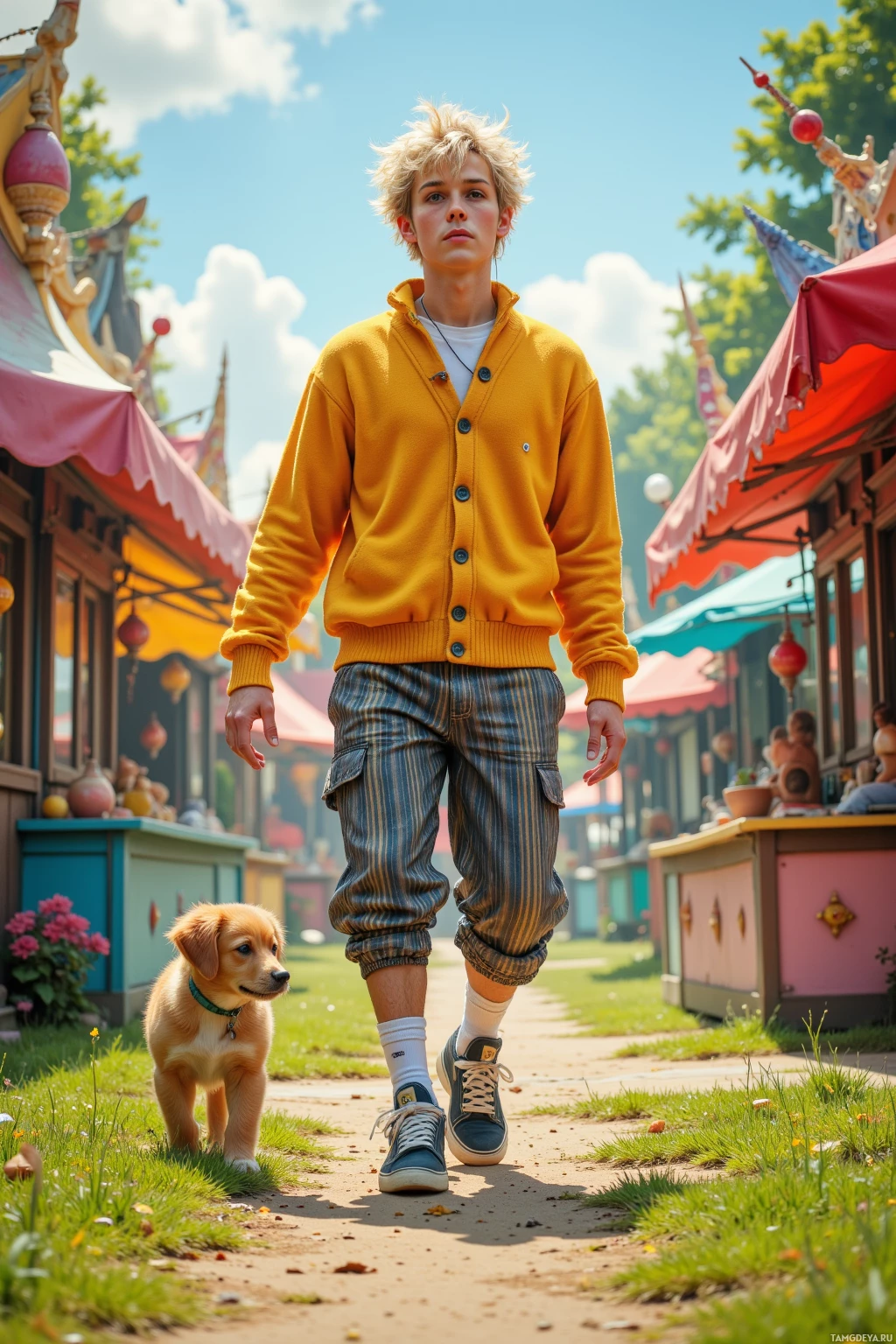A person in a yellow cardigan and striped pants walks alongside a small dog on a sunny day.