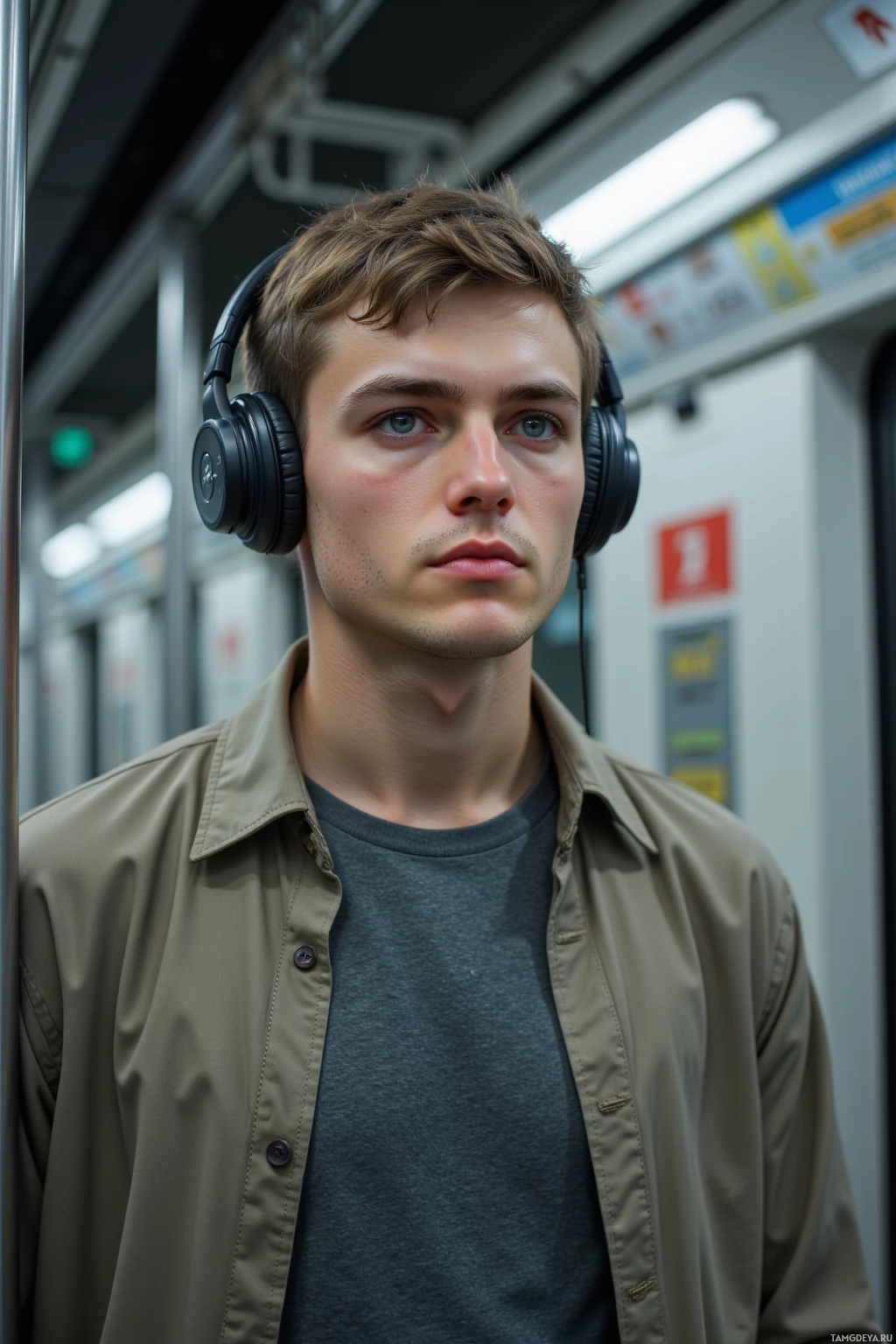 A person wearing headphones and a jacket is standing in a subway car.
