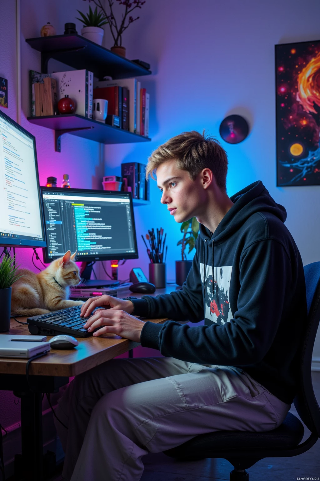 A person is sitting at a desk working on two computer monitors with code visible, accompanied by an orange cat lounging nearby.