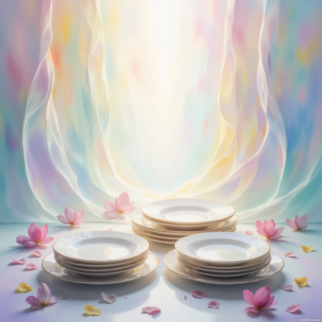 Stacked white plates with delicate floral patterns and scattered pink petals in a soft, pastel-lit setting.