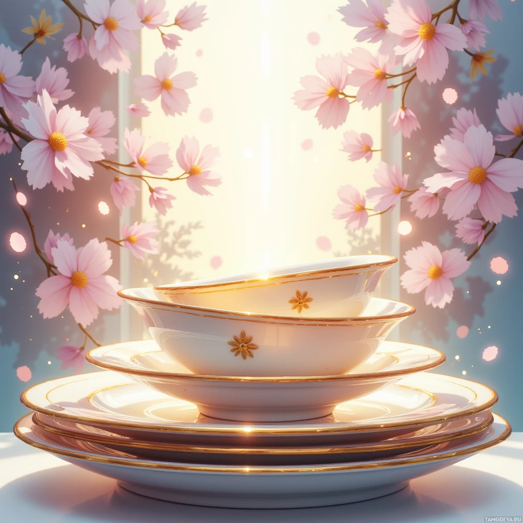 Stacked porcelain dishes with floral designs against a backdrop of cherry blossoms.
