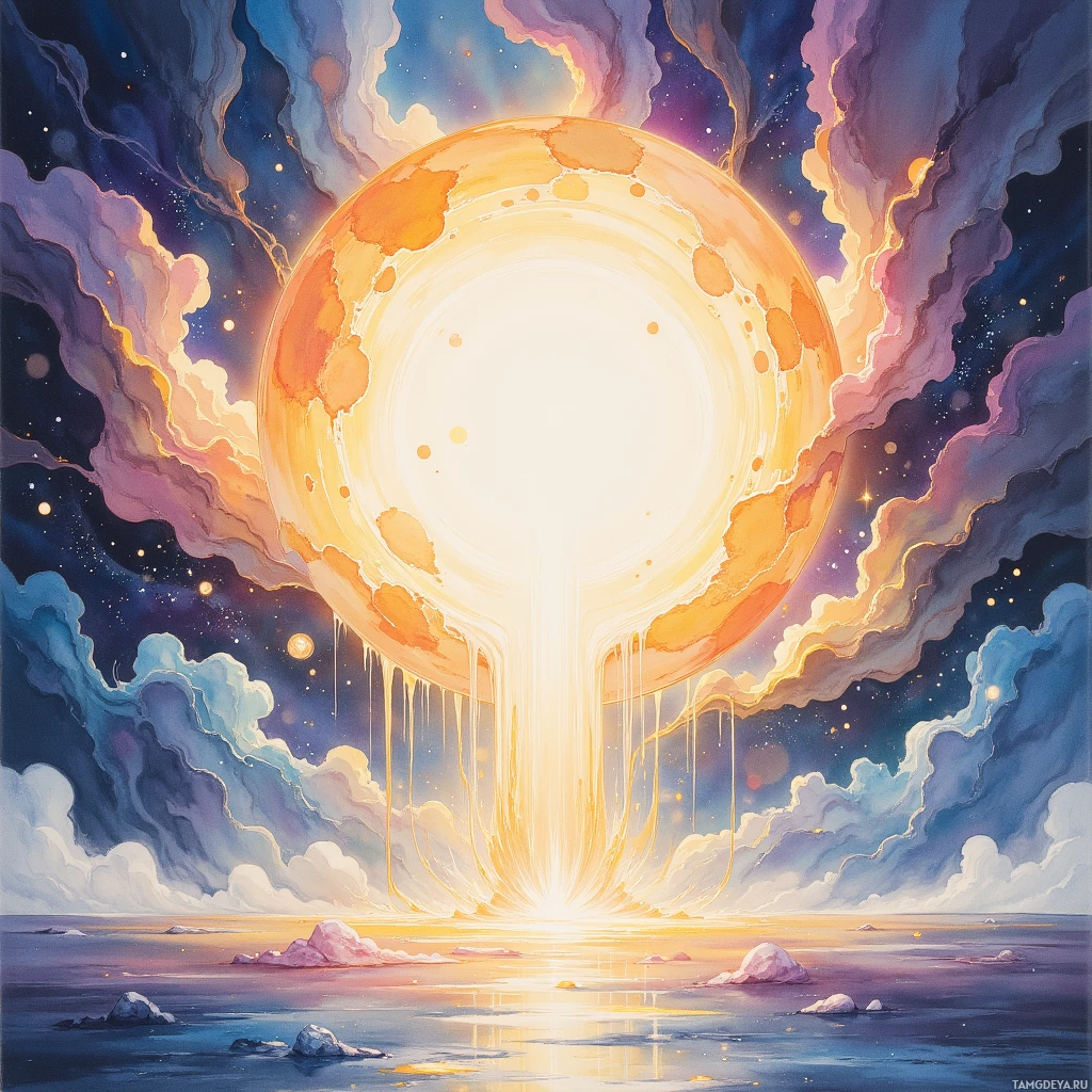 A vibrant cosmic scene with a glowing celestial body emitting light and surrounded by swirling clouds in shades of blue, purple, and orange.