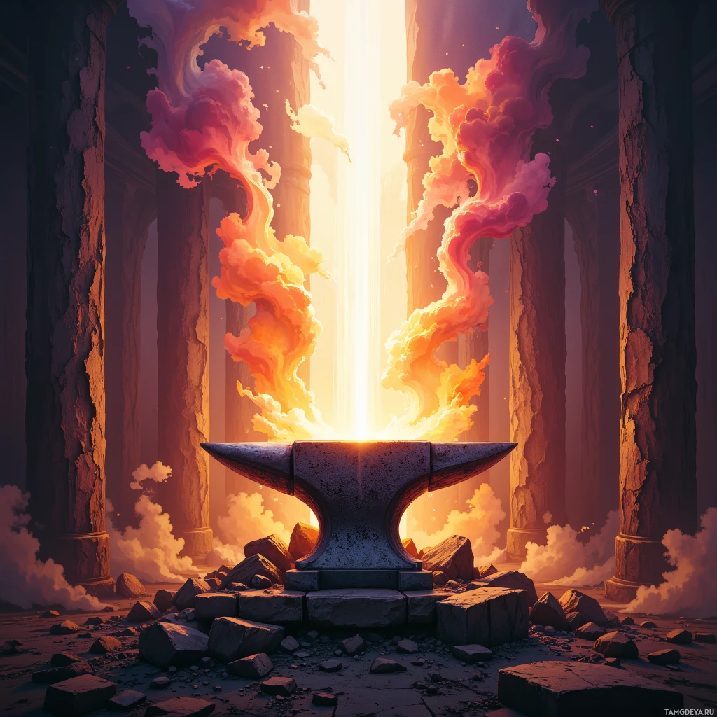 A glowing anvil amidst ruins with fiery clouds rising from it.