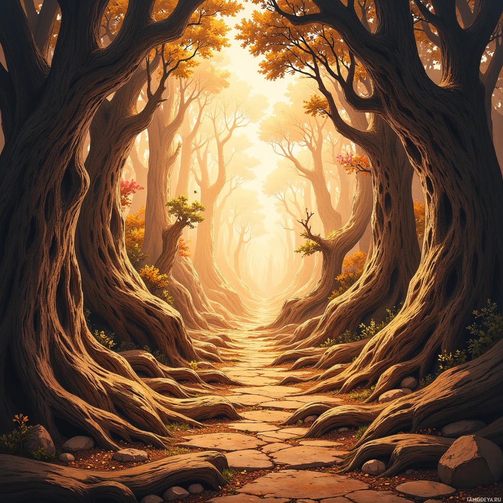 A serene forest path lined with tall, gnarled trees and bathed in golden sunlight.