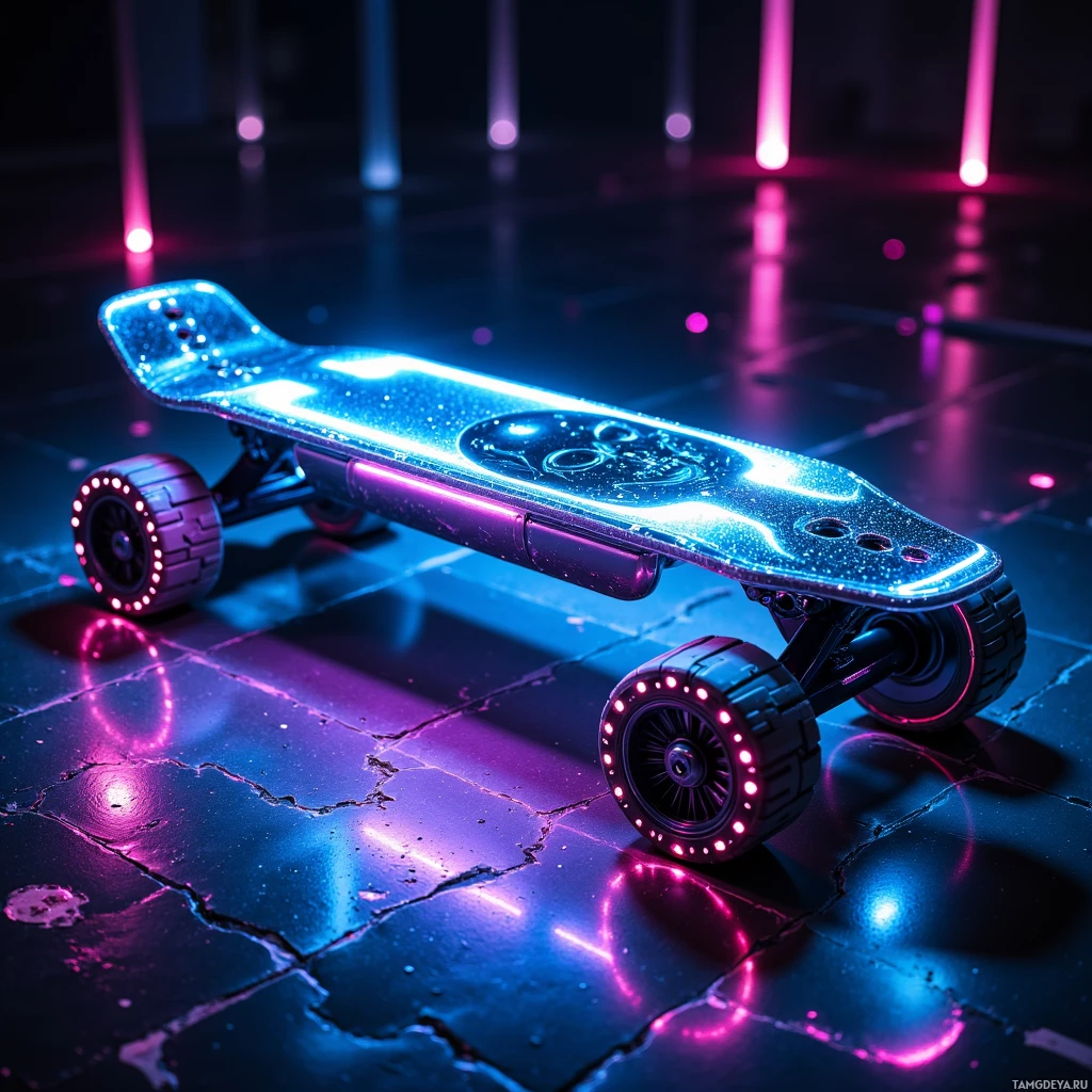 A futuristic skateboard with glowing lights and wheels is displayed on a reflective surface with neon lights in the background.