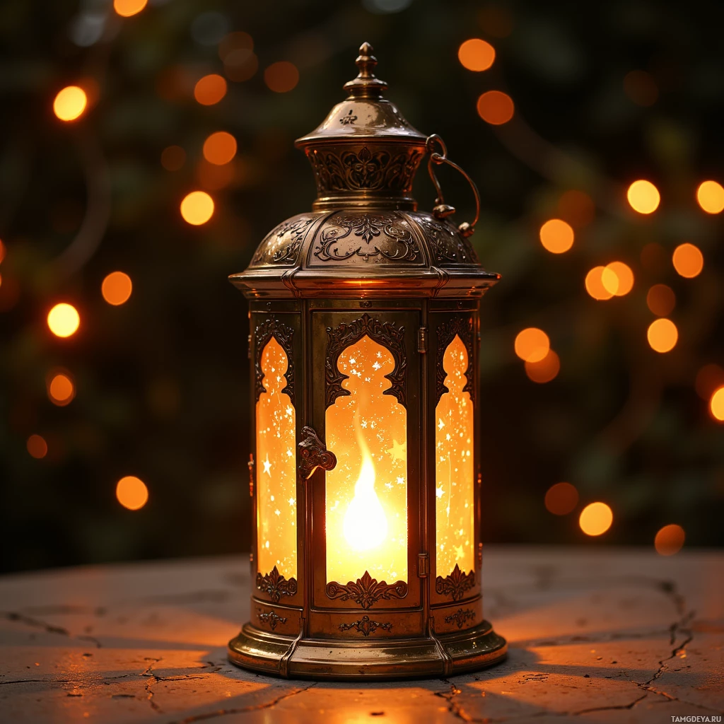 A decorative lantern with a warm glow and starry effect inside, set against a bokeh background.