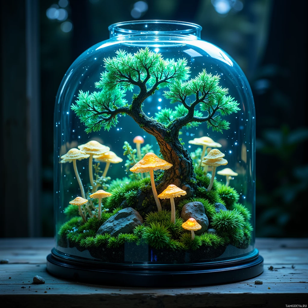 A miniature terrarium with a tree and glowing mushrooms under a glass dome.