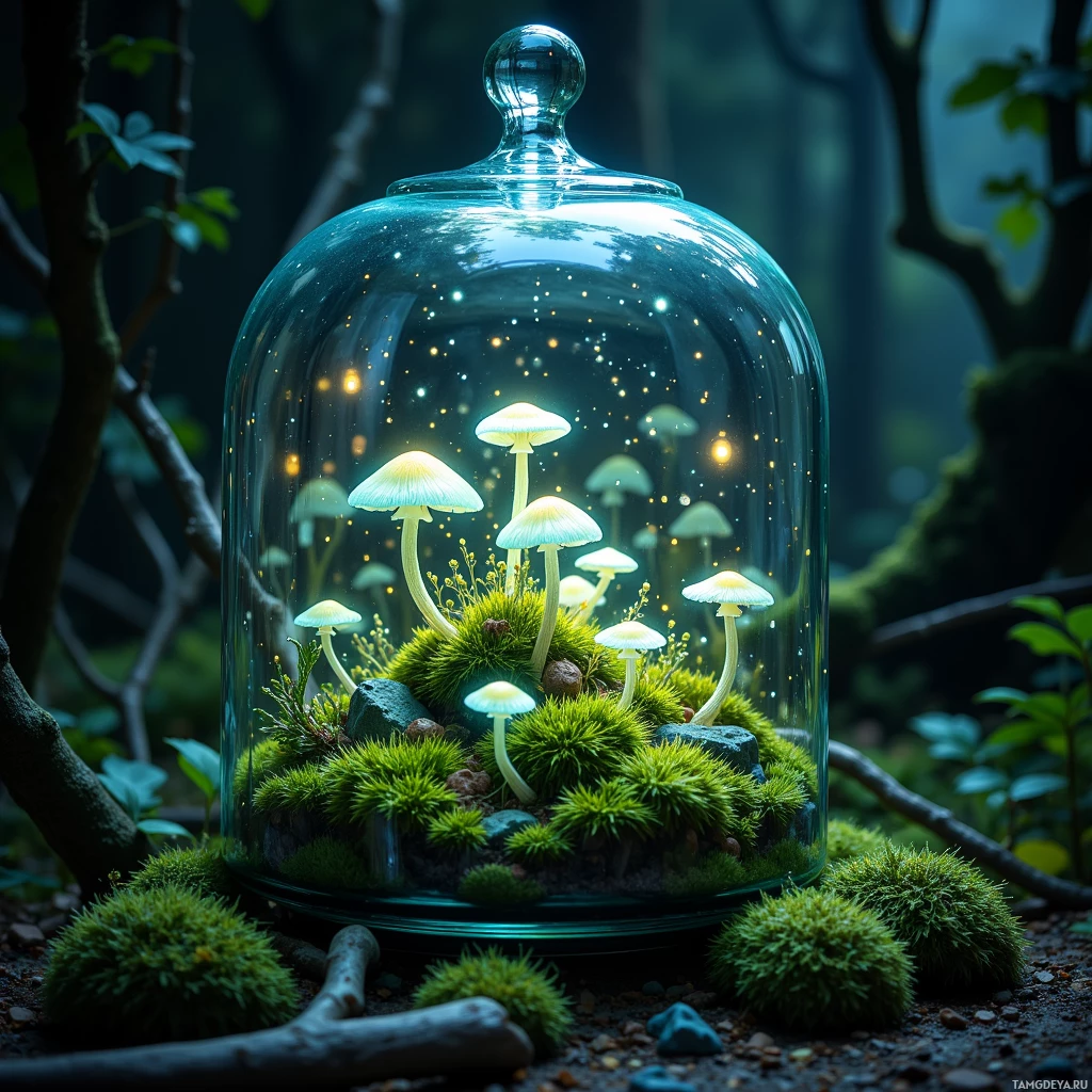 A glass dome encloses glowing mushrooms and moss in a forest setting.