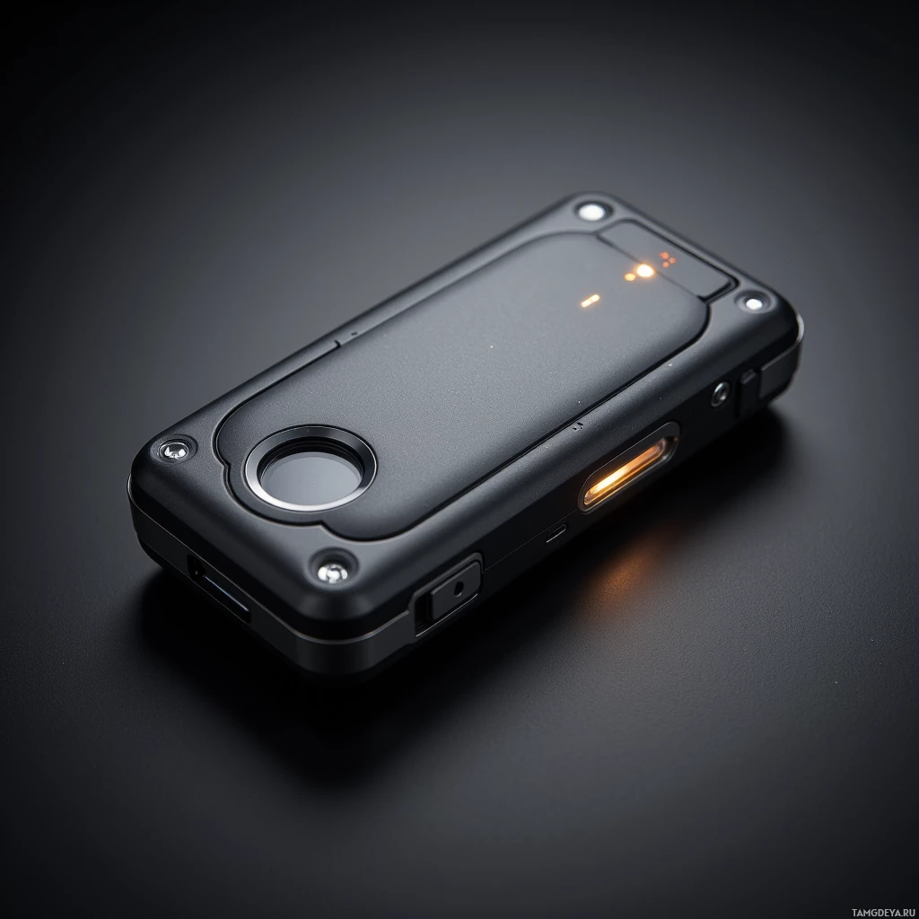 A black, rugged phone case with a circular cutout and illuminated indicators is shown on a dark surface.