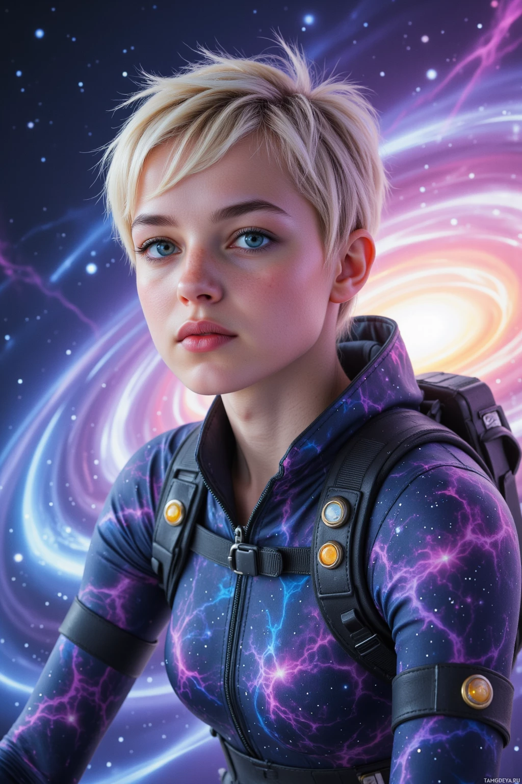 A person in a space-themed outfit with lightning patterns stands against a cosmic background featuring stars and swirling nebulae.