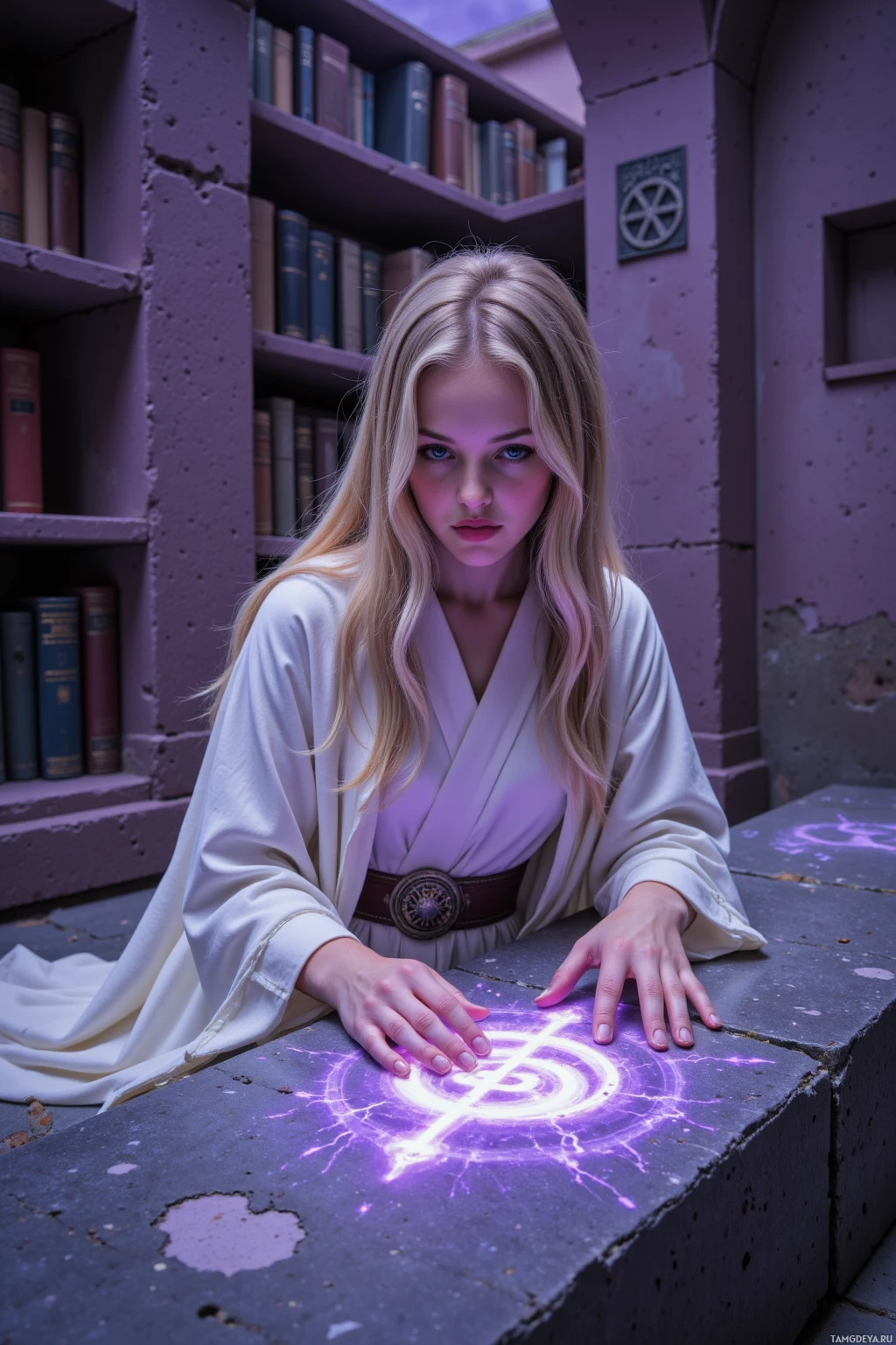 A person in a white robe stands beside a stone surface with a glowing symbol on it.