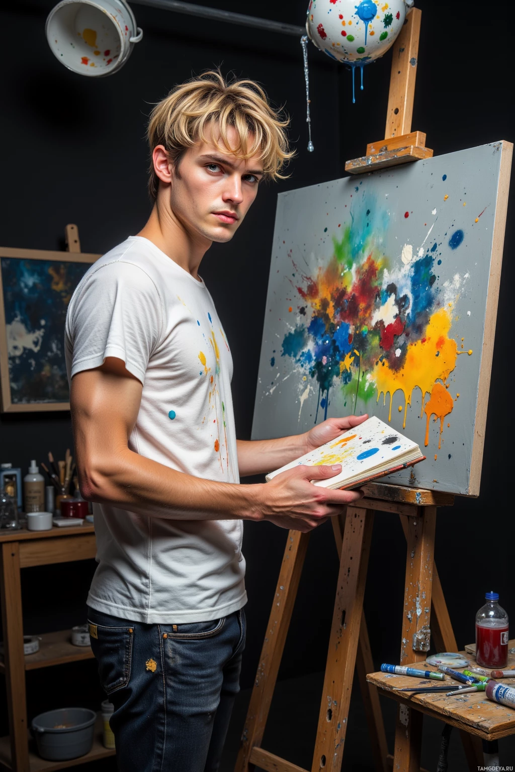 A person stands in an art studio, holding a book with paint splatters, near an easel with a colorful abstract painting.