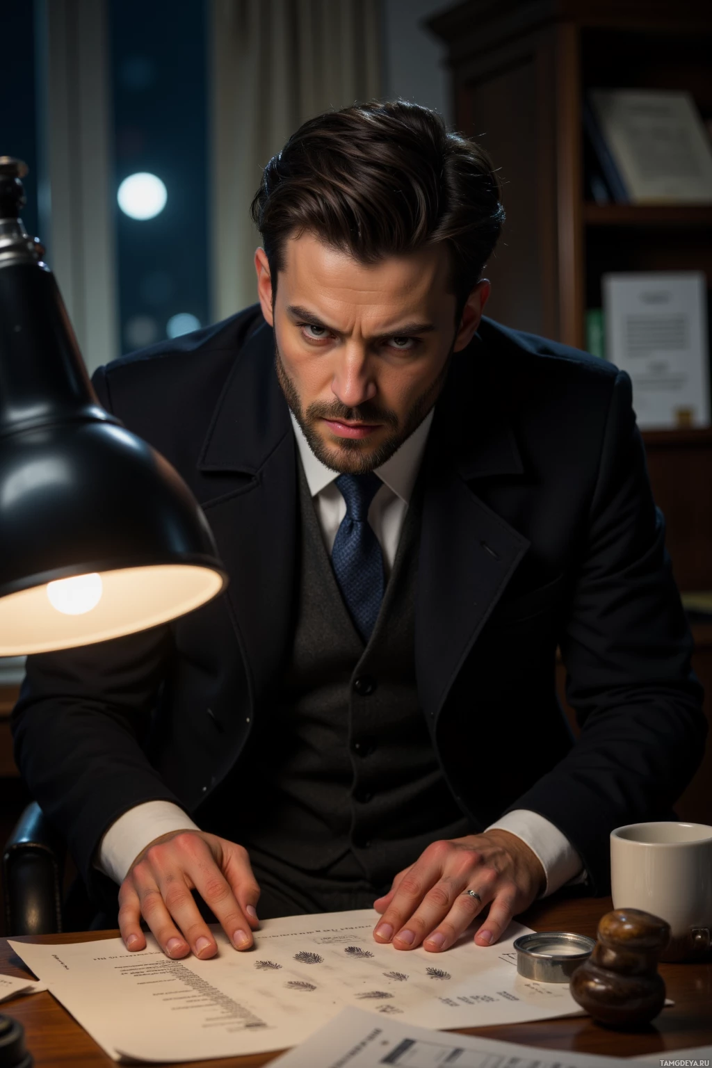 Realistic high quality photo. A serious 37‑year‑old detective with neatly styled dark hair, subtle stubble, intense brown eyes, pale skin, wearing a crisp black trench coat over a white shirt and tailored dark pants, hunched over a cluttered office desk at night, shredding legal briefs while fingerprints on a case file glimmer under the glow of a desk lamp.