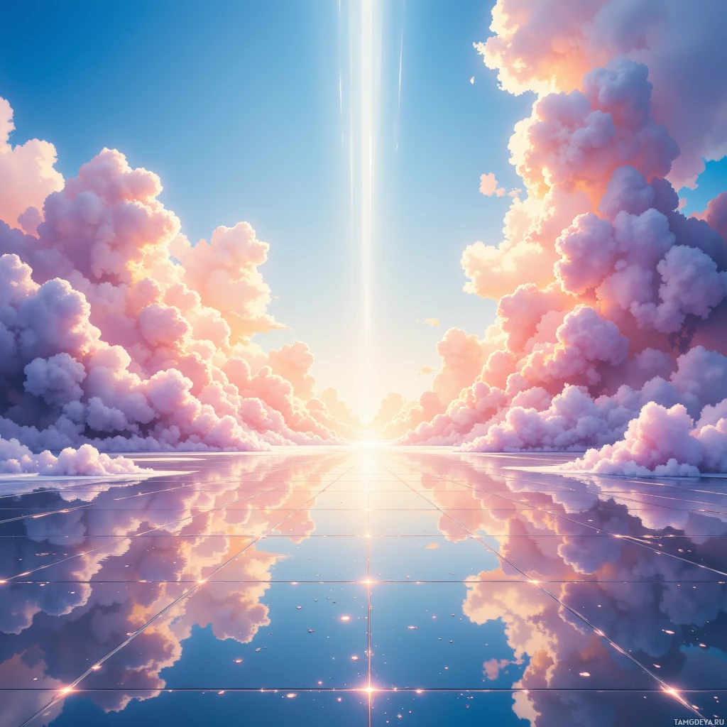 A serene sky with fluffy clouds reflected on a glossy surface.