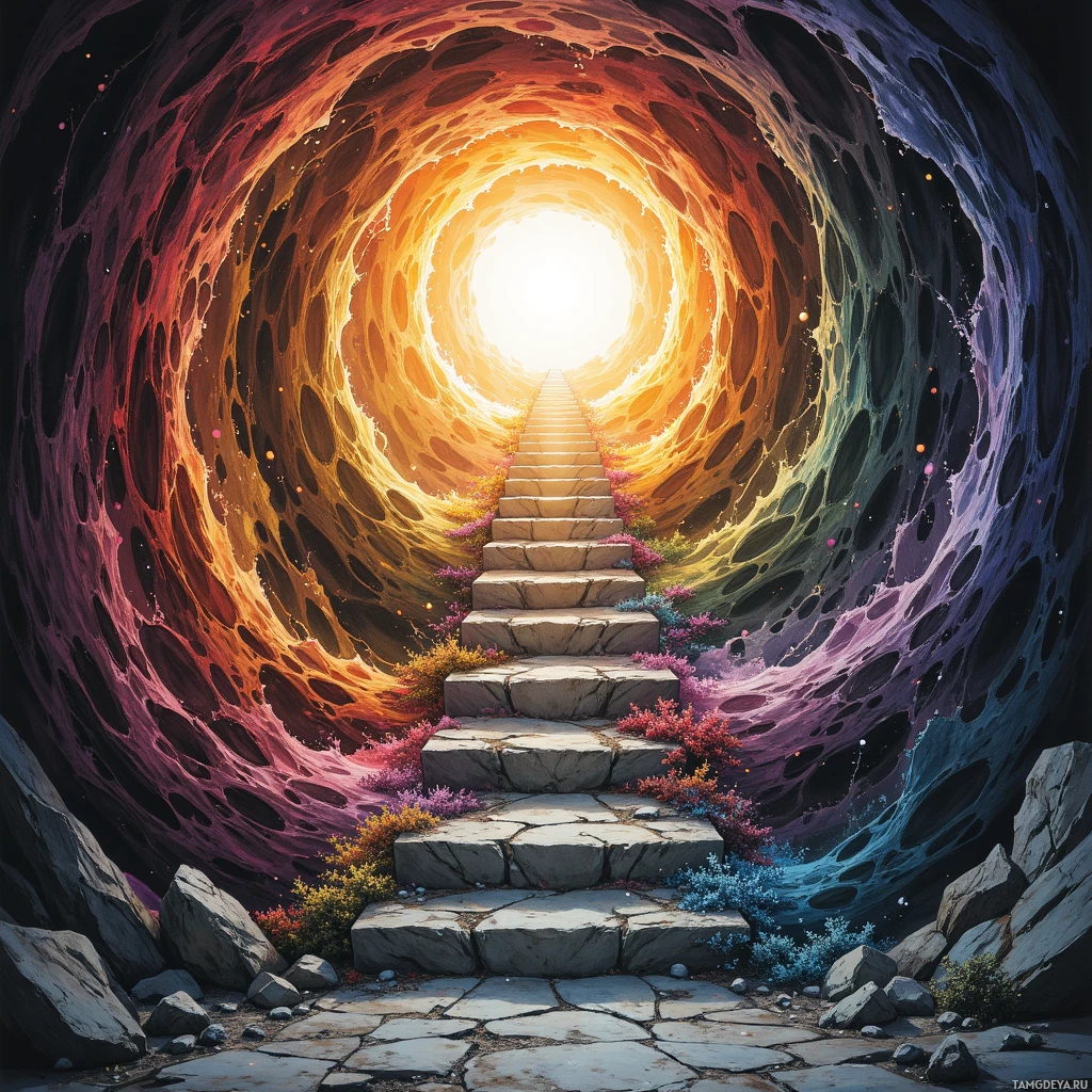 A staircase leads up through a colorful, swirling tunnel towards a bright light at the end.