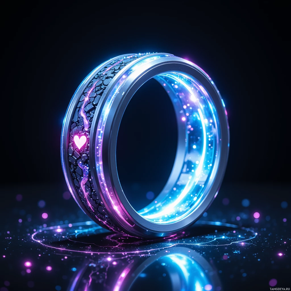 A glowing, futuristic ring with a heart symbol on its surface.