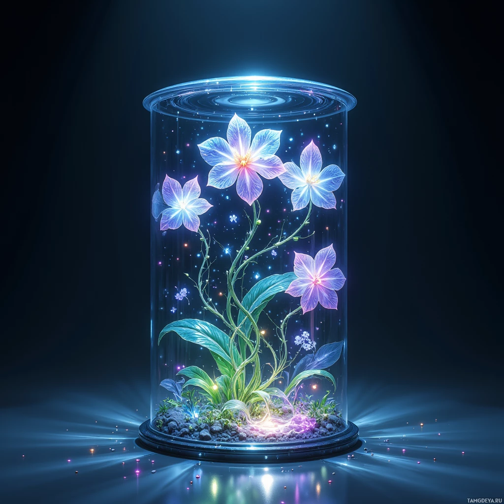 A glowing plant with purple flowers is encased in a transparent cylindrical container.