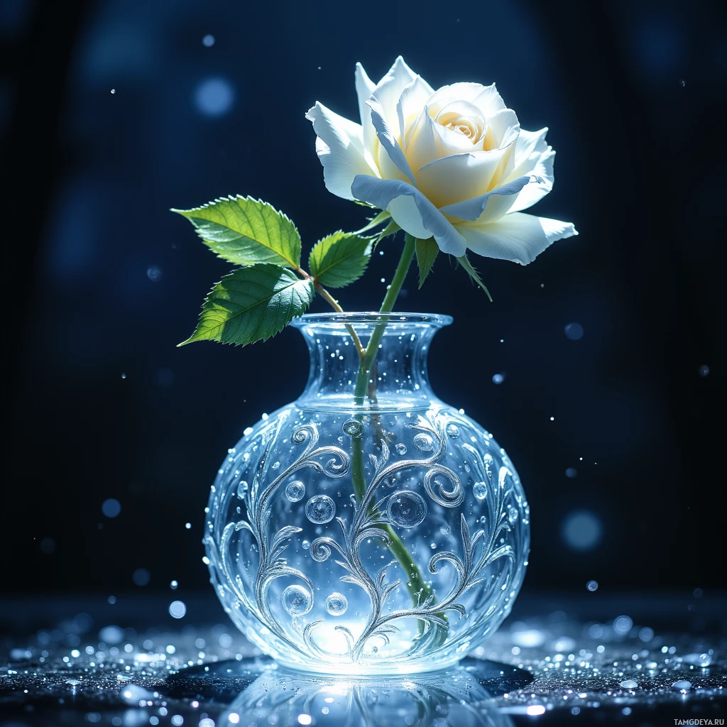 A white rose in a clear glass vase with water droplets.