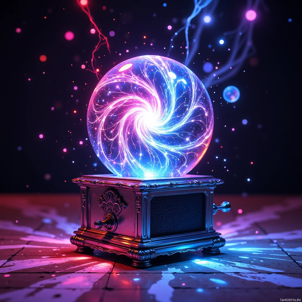A glowing crystal ball with swirling energy and colorful particles sits atop an ornate metal stand.