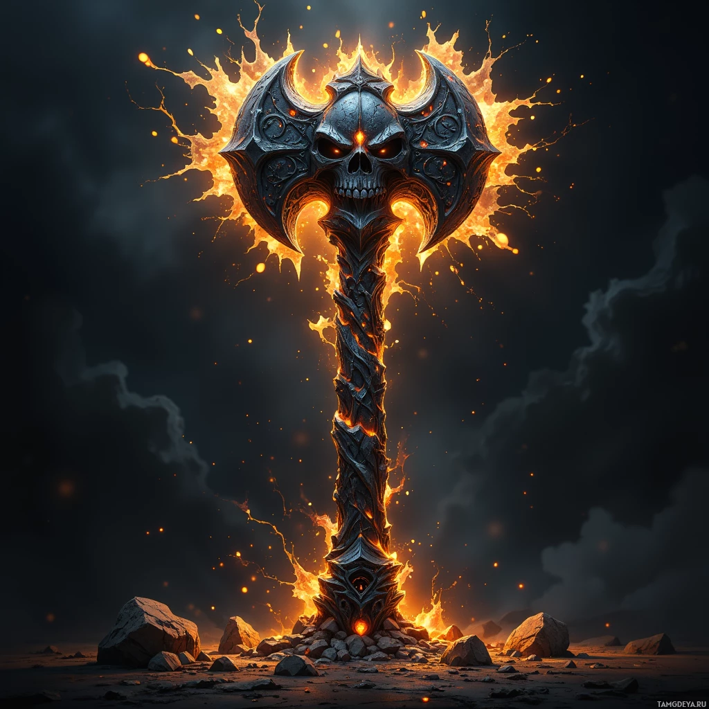 A fiery, skull-headed mace stands amidst a dark, rocky landscape.