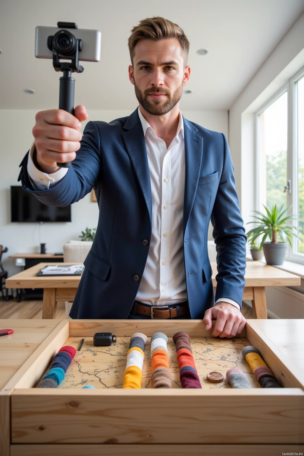 A man in a suit holds a camera on a tripod, standing in a modern room with a wooden table and colorful objects in a drawer.